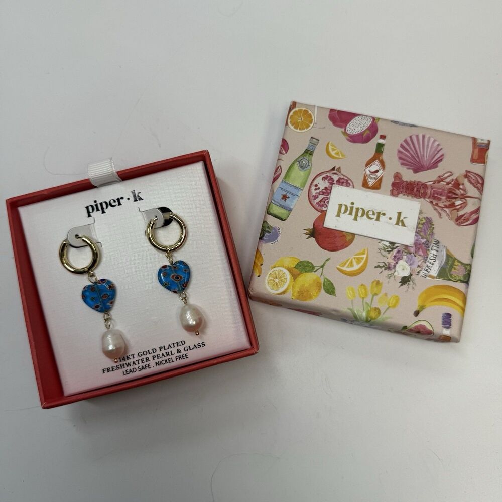 Piper K 14k Gold Plated Freshwater Pearl & Blue Heart Glass Dangle Earrings New